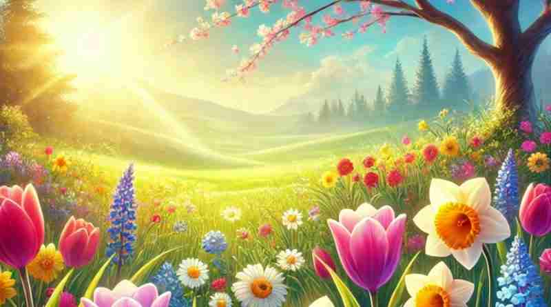AI-generated image of spring meadow with cherry blossom tree and blooming flowers in the sunshine