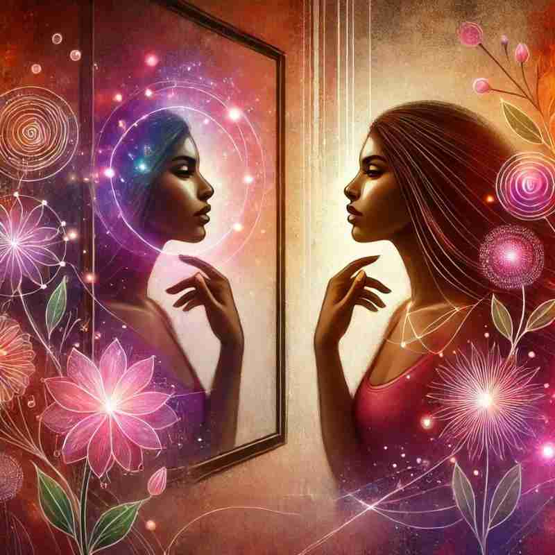 An AI generated image of an artistic depiction of a woman of color looking into a glowing mirror. There are colorful patterns representing the power and warmth of self-love.