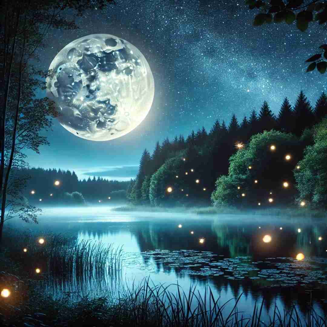 AI-generated image of large full moon in night sky over quiet, still, forest pond illuminated with fireflies