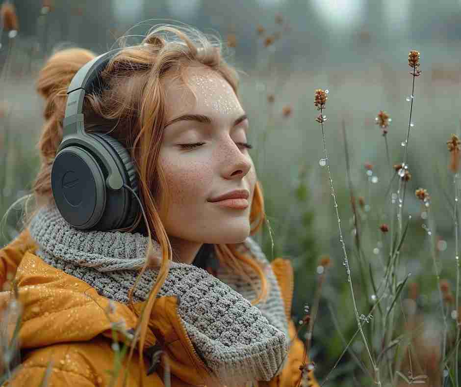 AI-generated image of white woman with red hair meditating in a dewy field with gray headphones on