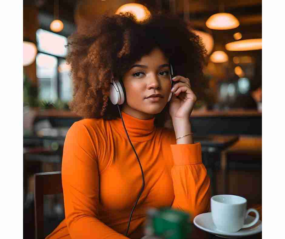 AI-generated image of black woman sitting in cafe with headphones on