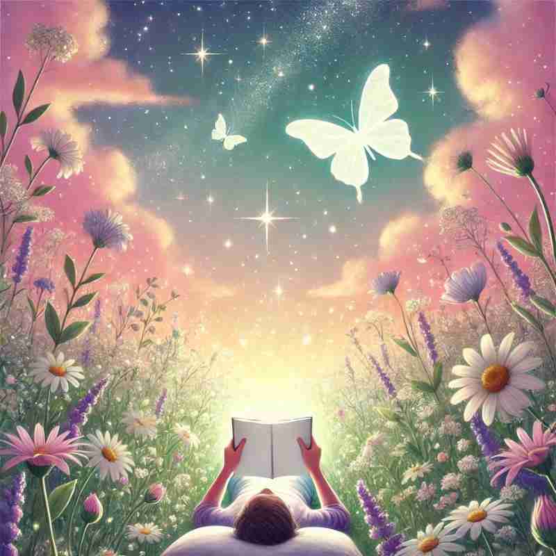 An AI generated whimsical image of a child reading in a field of lavender and daisies with butterflies in the sky.