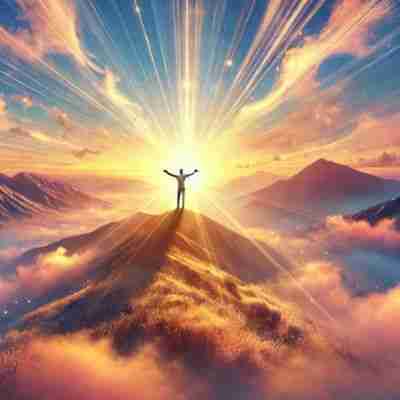 12 - Resilient Stories AI-generated image of a person on top of a mountain illuminated but the rising sun.