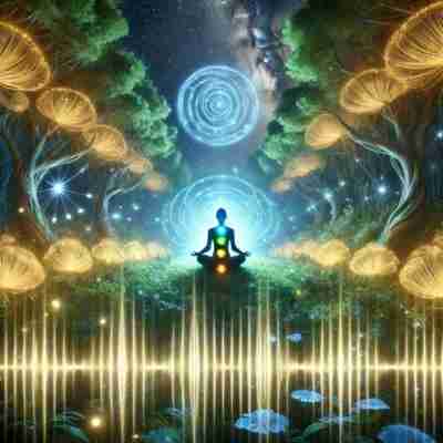 AI-generated image that captures the mystical and serene essence of 432 Hz, featuring a meditative figure surrounded by ethereal energy and cosmic harmony.