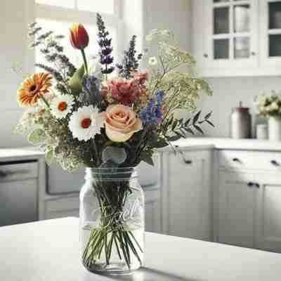 AI-generated image of cut flowers in a mason jar, sitting on a kitchen counter