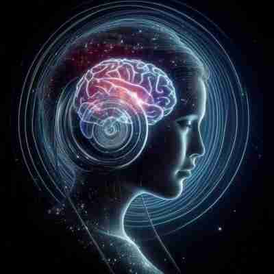 AI-generated image of woman listening to 432 hz music with headphones, her brain lighting up in a pink and purple glow