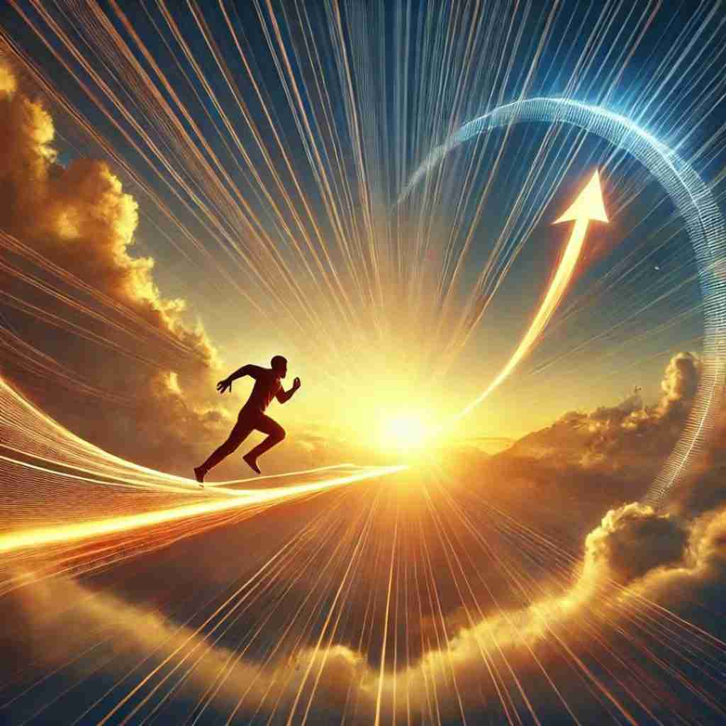 AI-generated image of man running up sunbeams into the cloud following and arrow that points up into the sky depicting Thursday motivation