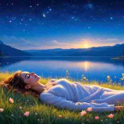 AI-generated image of a person enjoying a peaceful sleep in a meadow, symbolizing the sleep improvement benefits of 432 Hz.