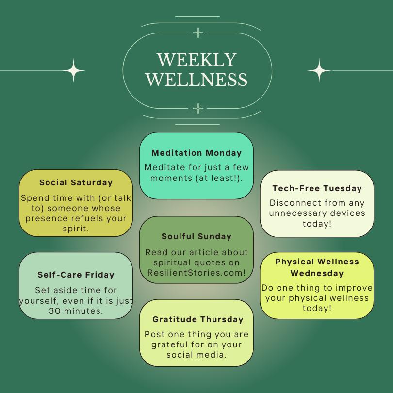 Weekly Wellness infographic:
Meditation Monday
Tech-Free Tuesday
Wellness Wednesday
Gratitude Thursday
Self-care Friday
Social Saturday
Soulful Sunday