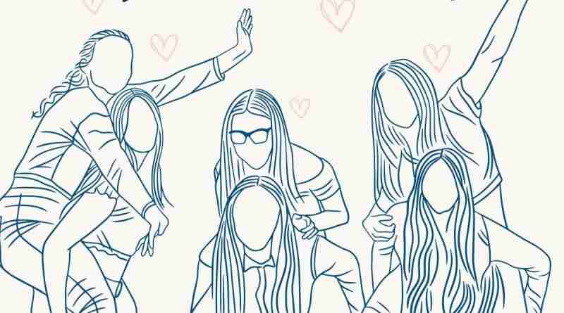 A group of hand drawn girls representing a circle of friends. The words friendship quotes and little pink hearts surround them.