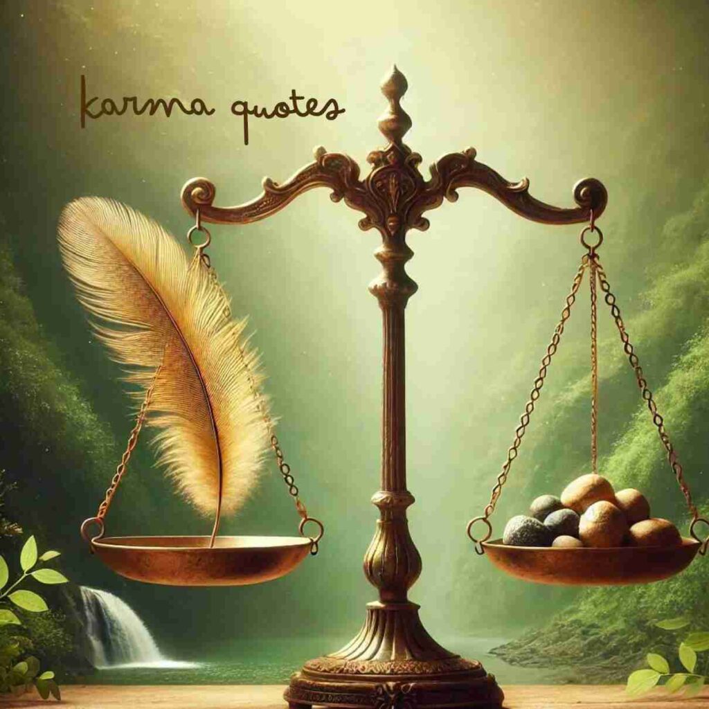 An AI generated image of balancing scales featuring a golden feather and stones, set against a serene natural backdrop with a waterfall. The soft, warm tones create a harmonious and peaceful atmosphere, emphasizing the balance and justice represented by karma.