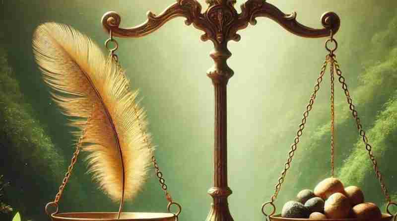 An AI generated image of balancing scales featuring a golden feather and stones, set against a serene natural backdrop with a waterfall. The soft, warm tones create a harmonious and peaceful atmosphere, emphasizing the balance and justice represented by karma.