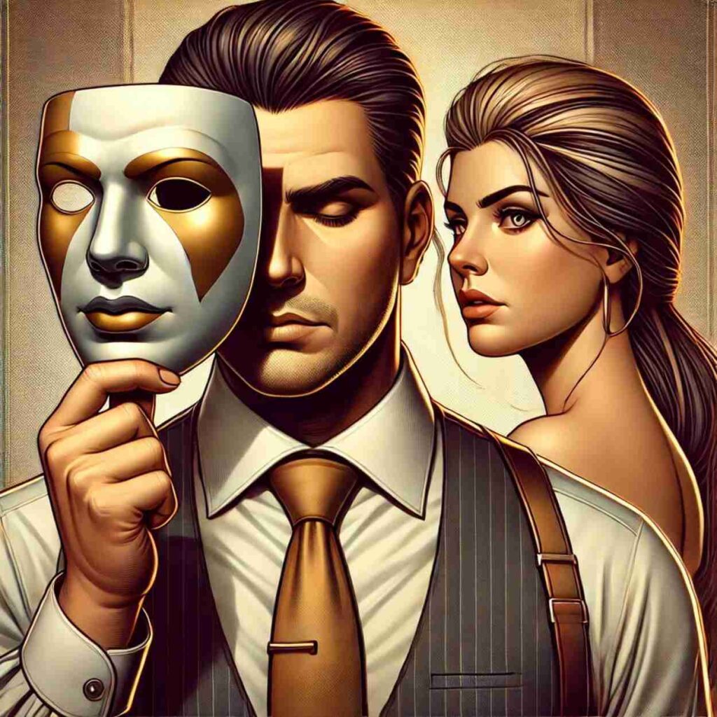 An AI generated image of a polished and modern illustration representing narcissism and relationships. The image features a man holding a mask in front of his face, symbolizing deception and hidden identity, while his true face is revealed underneath. Behind him, a woman looks thoughtful and slightly skeptical, reflecting strained relationship dynamics.