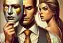 An AI generated image of a polished and modern illustration representing narcissism and relationships. The image features a man holding a mask in front of his face, symbolizing deception and hidden identity, while his true face is revealed underneath. Behind him, a woman looks thoughtful and slightly skeptical, reflecting strained relationship dynamics.