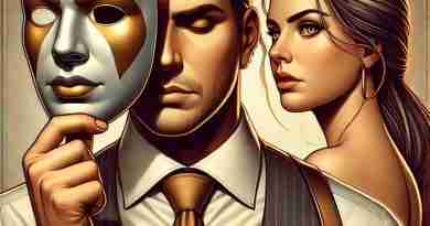 An AI generated image of a polished and modern illustration representing narcissism and relationships. The image features a man holding a mask in front of his face, symbolizing deception and hidden identity, while his true face is revealed underneath. Behind him, a woman looks thoughtful and slightly skeptical, reflecting strained relationship dynamics.