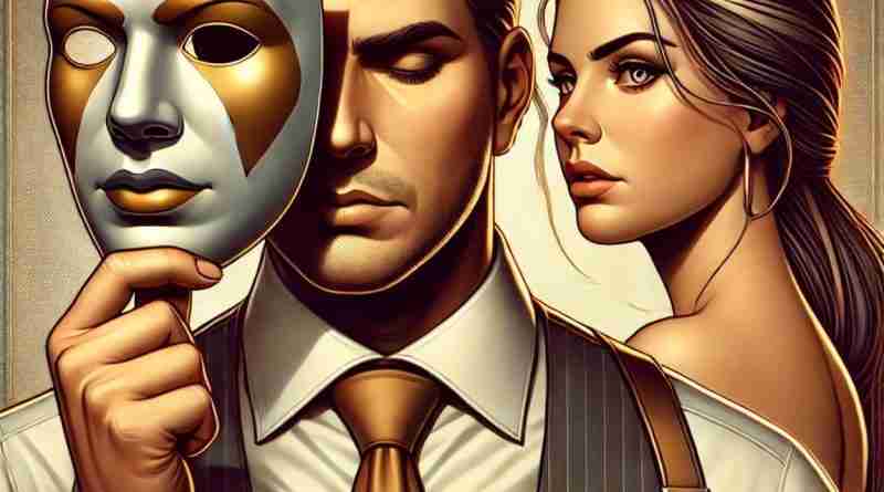 An AI generated image of a polished and modern illustration representing narcissism and relationships. The image features a man holding a mask in front of his face, symbolizing deception and hidden identity, while his true face is revealed underneath. Behind him, a woman looks thoughtful and slightly skeptical, reflecting strained relationship dynamics.