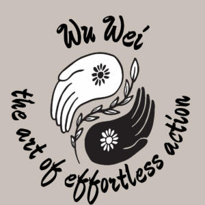 A yin yang made of hands and separated by a vine with the words wu wei the art of effortless action surrounding it.