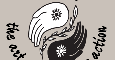 A yin yang made of hands and separated by a vine with the words wu wei the art of effortless action surrounding it.