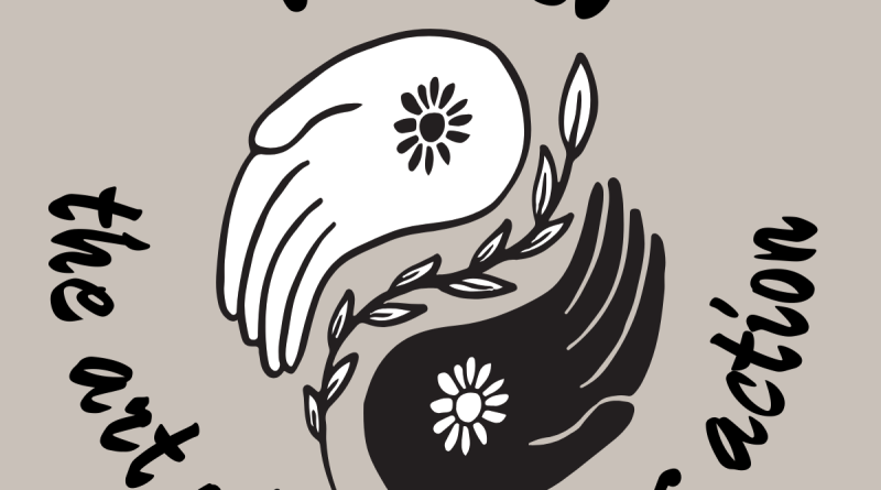 A yin yang made of hands and separated by a vine with the words wu wei the art of effortless action surrounding it.
