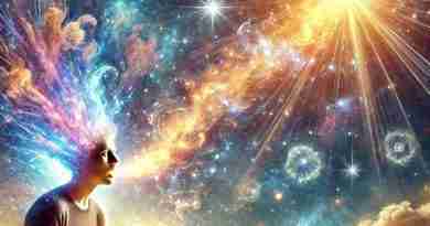 AI-generated image depicting cosmic inspiration entering and leaving a man sitting in the clouds and reading a book.