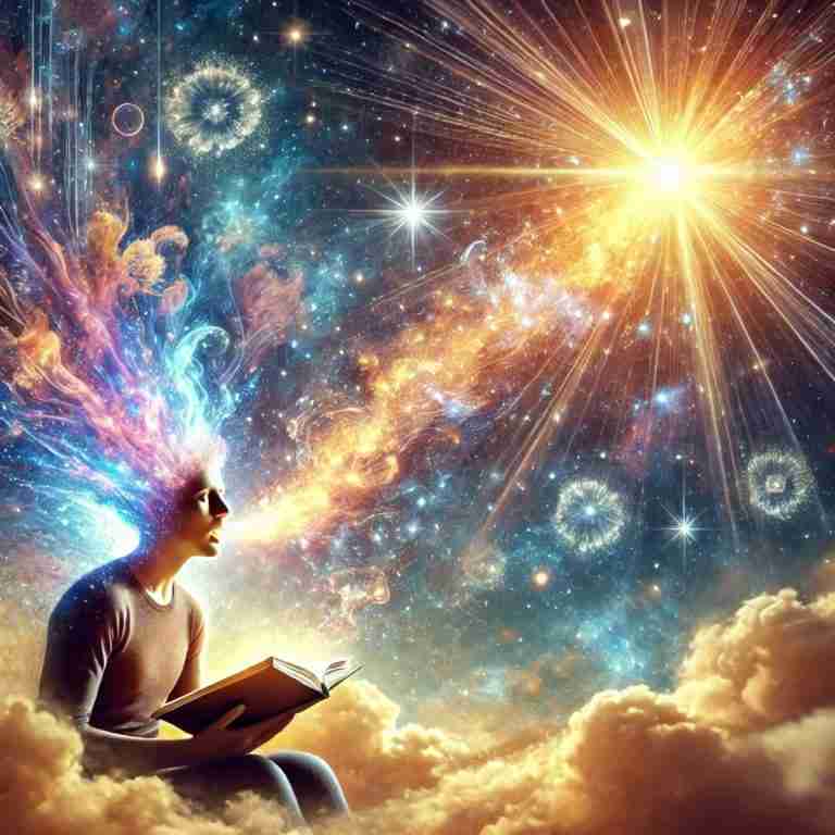 AI-generated image depicting cosmic inspiration entering and leaving a man sitting in the clouds and reading a book.