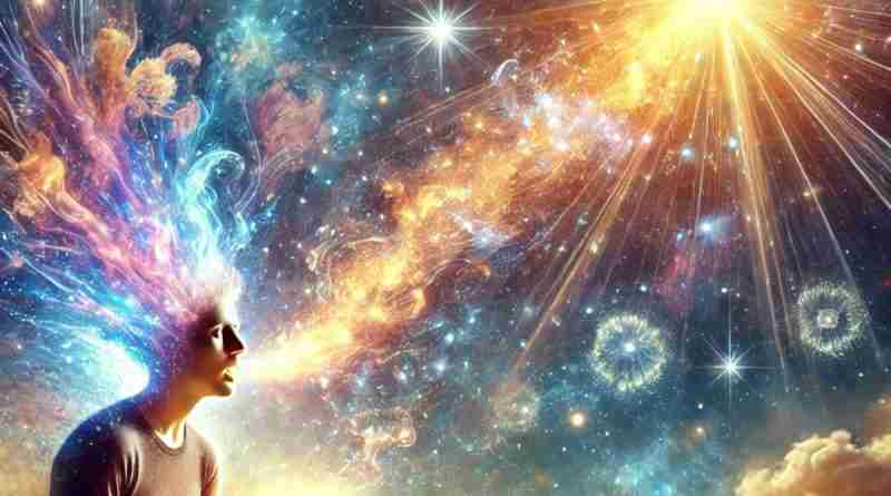 AI-generated image depicting cosmic inspiration entering and leaving a man sitting in the clouds and reading a book.