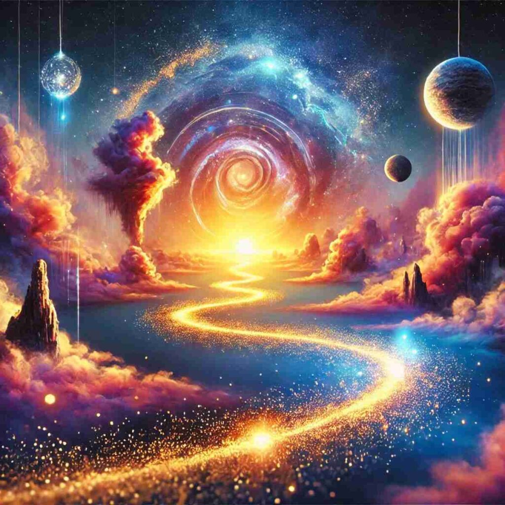 AI-generated image of mystical galaxy with sparkling illuminated path representing the journey through life