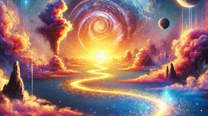 AI-generated image of mystical galaxy with sparkling illuminated path representing the journey through life