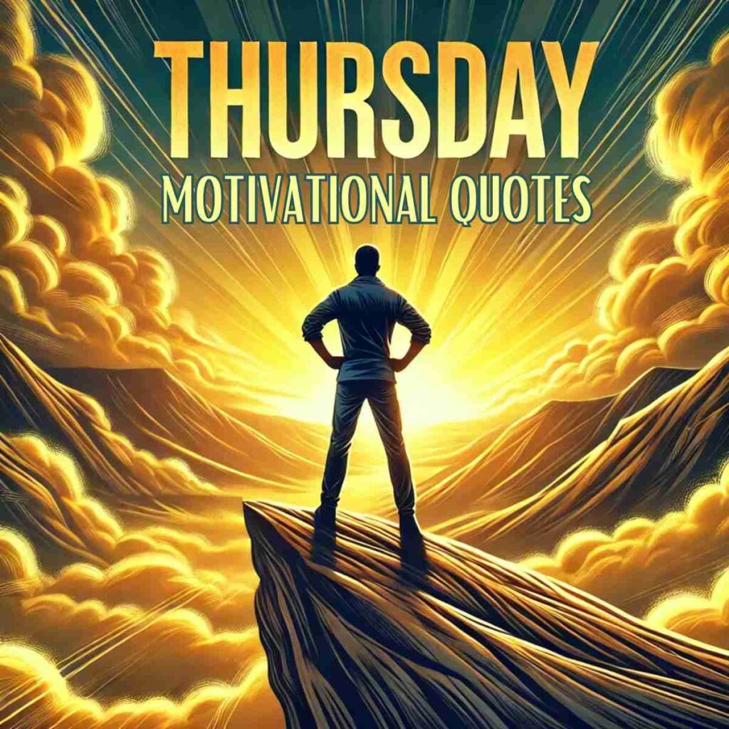 AI-generated image of man standing on high cliff feeling victorious with words saying "Thursday motivational quotes"