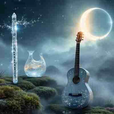AI-generated image of collage of various musical instruments that are commonly tuned to 432 Hz, suggesting popular genres and artists.