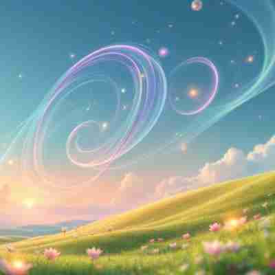 AI-generated artistic representation of sound waves swirling through the sky over a sunny, flower-filled meadow, illustrating spiritual healing with 432 Hz music.