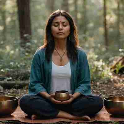 Woman sitting in lotus pose in the woods with singing bowls