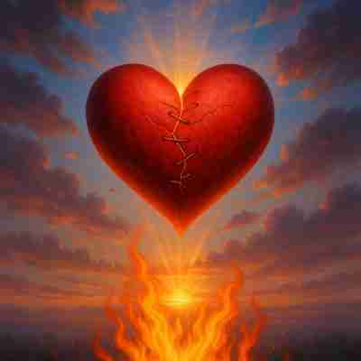 Ai-generated image of a mended broken heart rising from flames into a beautiful sky.