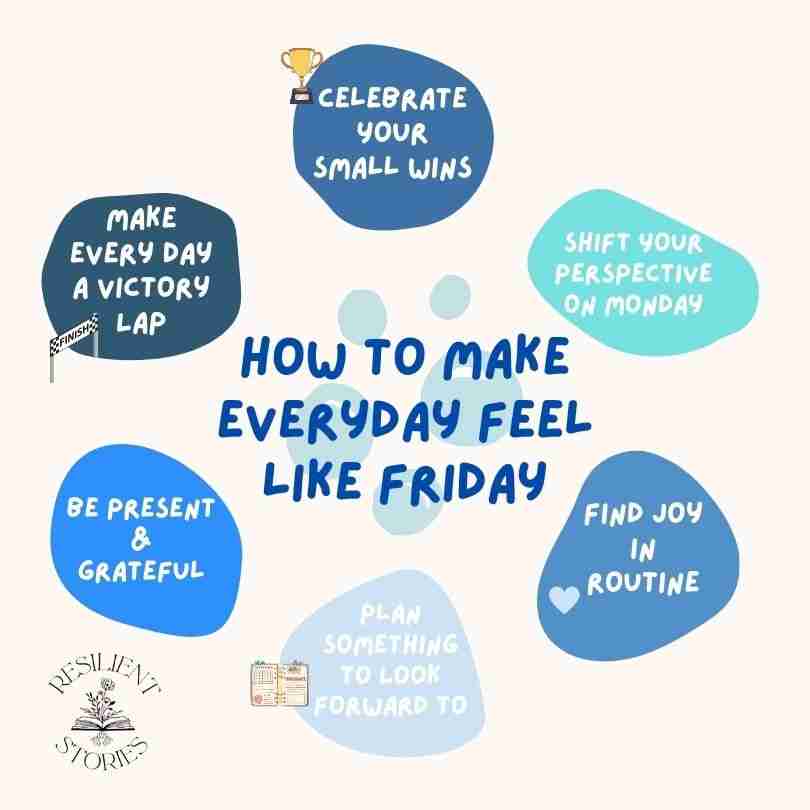 How to make everyday feel like friday:
1. Celebrate your small wins
2. Shift your perspective on Monday
3. Find joy in routine
4. Plan something to look forward to
5. Be present and grateful
6. Make every day a victory lap
