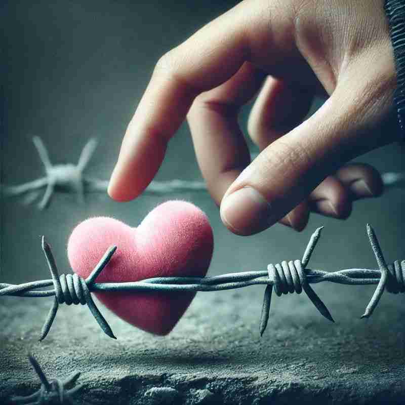 An AI generated image of a pink heart surround by barbed wire. A person's fingers are trying to grab it without getting poked.