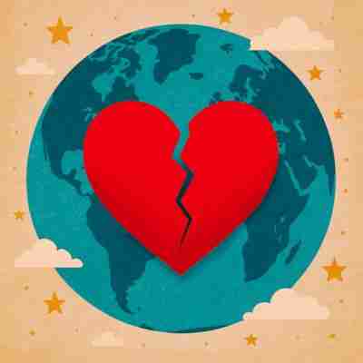 AI-generated image of broken heart against the earth, showing heartbreak is universal.