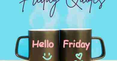 Two coffee mugs sit on a table with a blue background behind them. One mug says "hello" the other says "Friday." The words Friday Quotes are written above them.