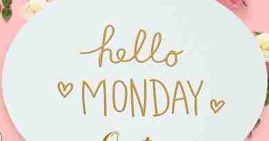 "Hello, Monday Quotes" is written in gold on a white oval with a pink background with hearts and flowers.
