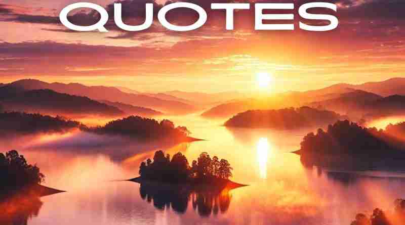 AI-generated image of a sunrise over a serene lake with pink and purple hues in the sky and the words "sunrise quotes"