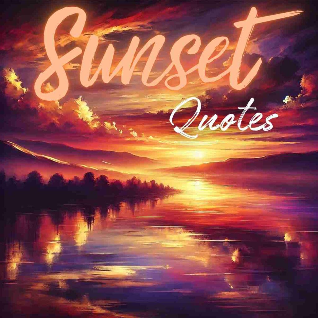 AI-generated image of pink and purple sunset sky over a lake with text "sunset quotes"