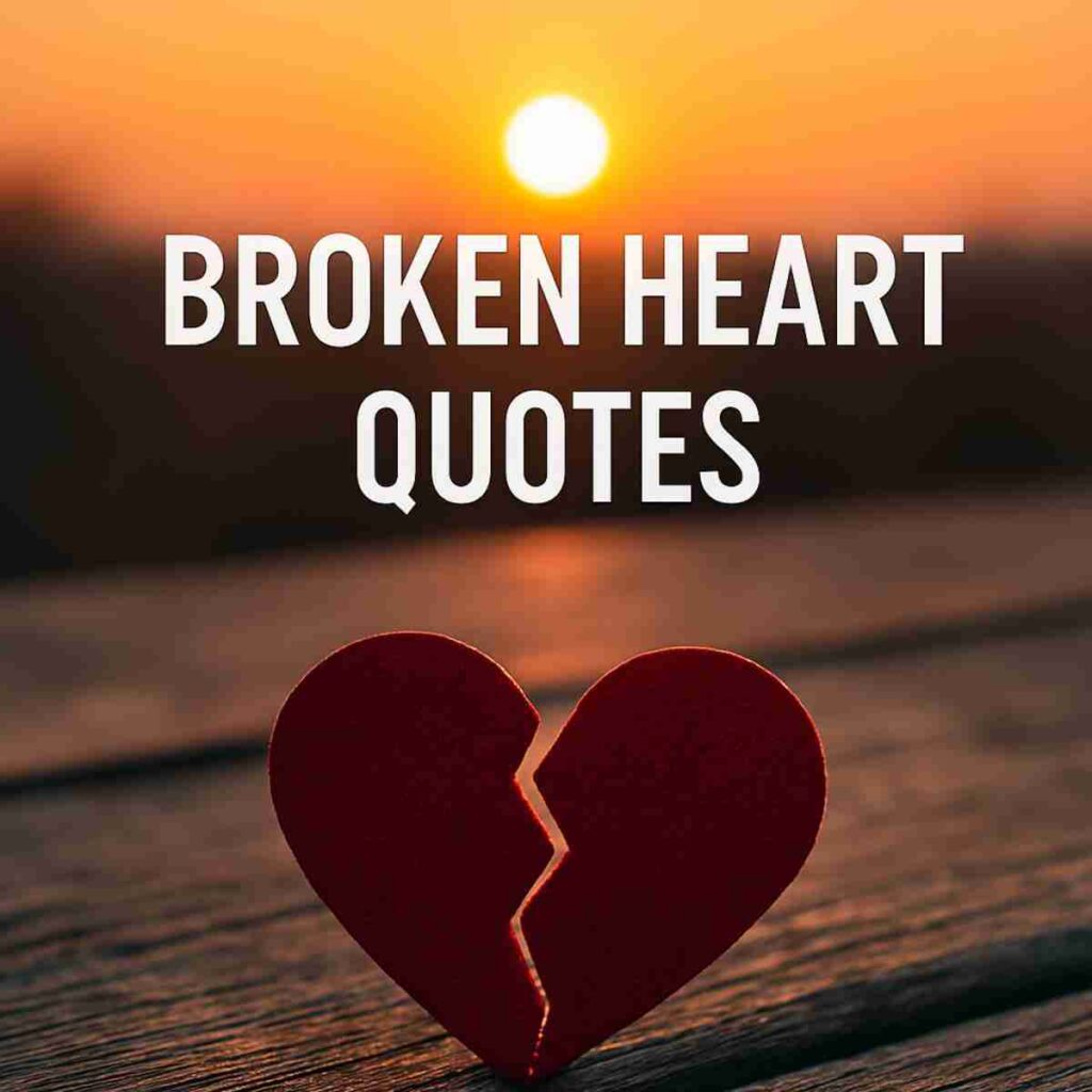 AI-generated image of a heart broken in two in front of a setting sun with the words "broken heart quotes"