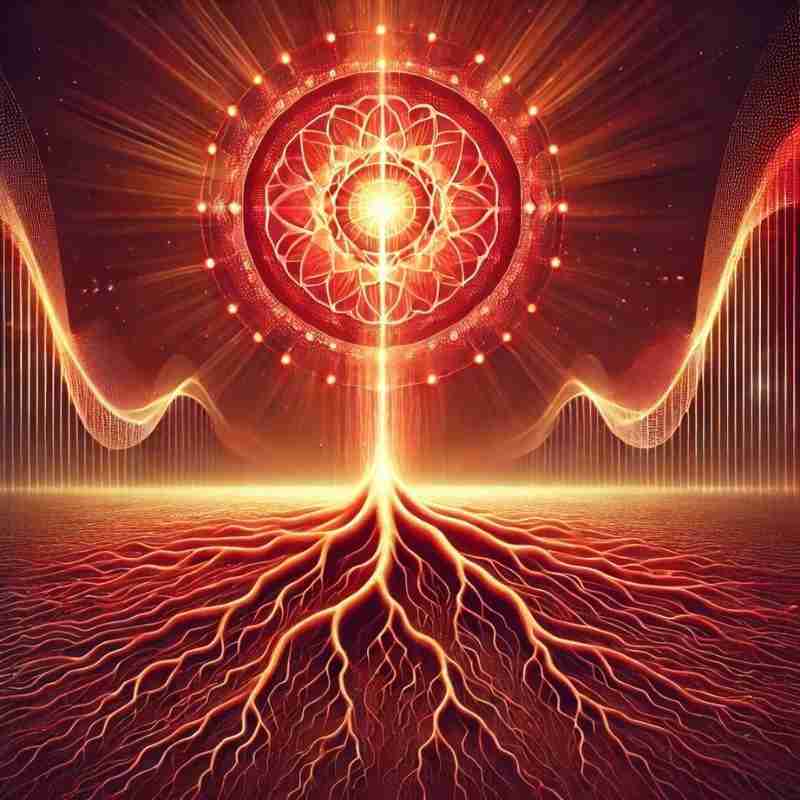 AI-generated image of a visually striking representation of the Root Chakra (Muladhara) with grounding elements and energetic waves symbolizing the healing effects of 396 Hz.
