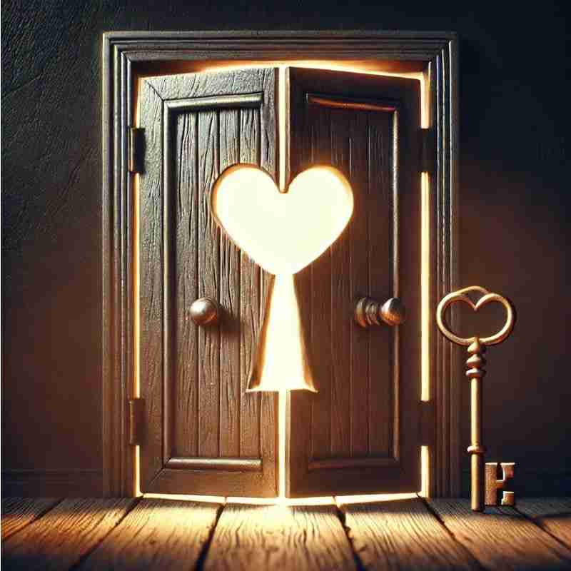 A semi closed door with the a giant key hold in the shape of a heart in the center. There is a glowing light emanating from behind the door.