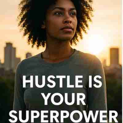 Ai-generated image of black woman looking determined with text overlay that says "hustle is your superpower"