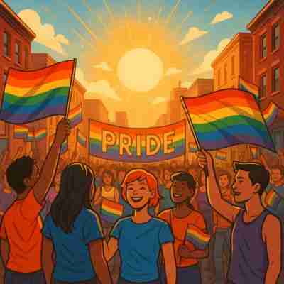 1 - Resilient Stories AI-generated image of diverse group of people enjoying Pride month parage