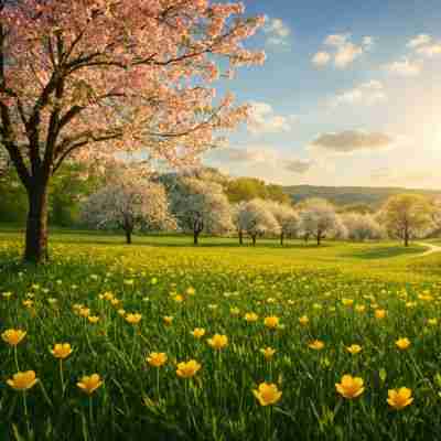 1 - Resilient Stories Ai-generated image of springtime meadow with blooming daffodils and flowering cherry blossom trees