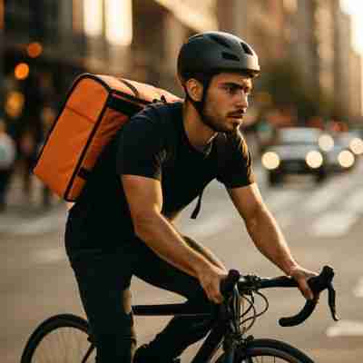 AI-generated image of bicycle food delivery person delivering food order with a look of hard work and determination