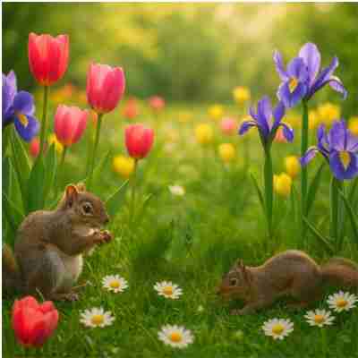7 - Resilient Stories Ai-generated image of mother and baby squirrels enjoying a spring meadow with tulips and irises blooming