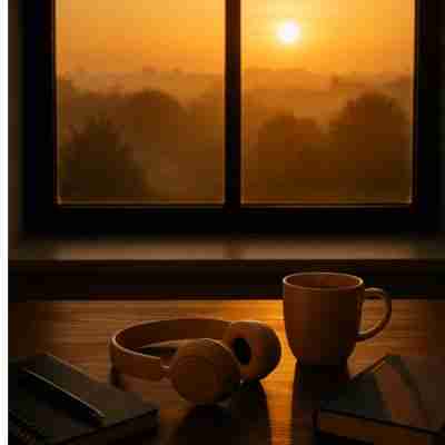 AI-generated image of headphones, coffee cup, and journal in front of a window where the sun is coming up outside.