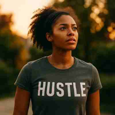 AI-generated image of black woman looking persistent, and wearing t-shirt that says "hustle"